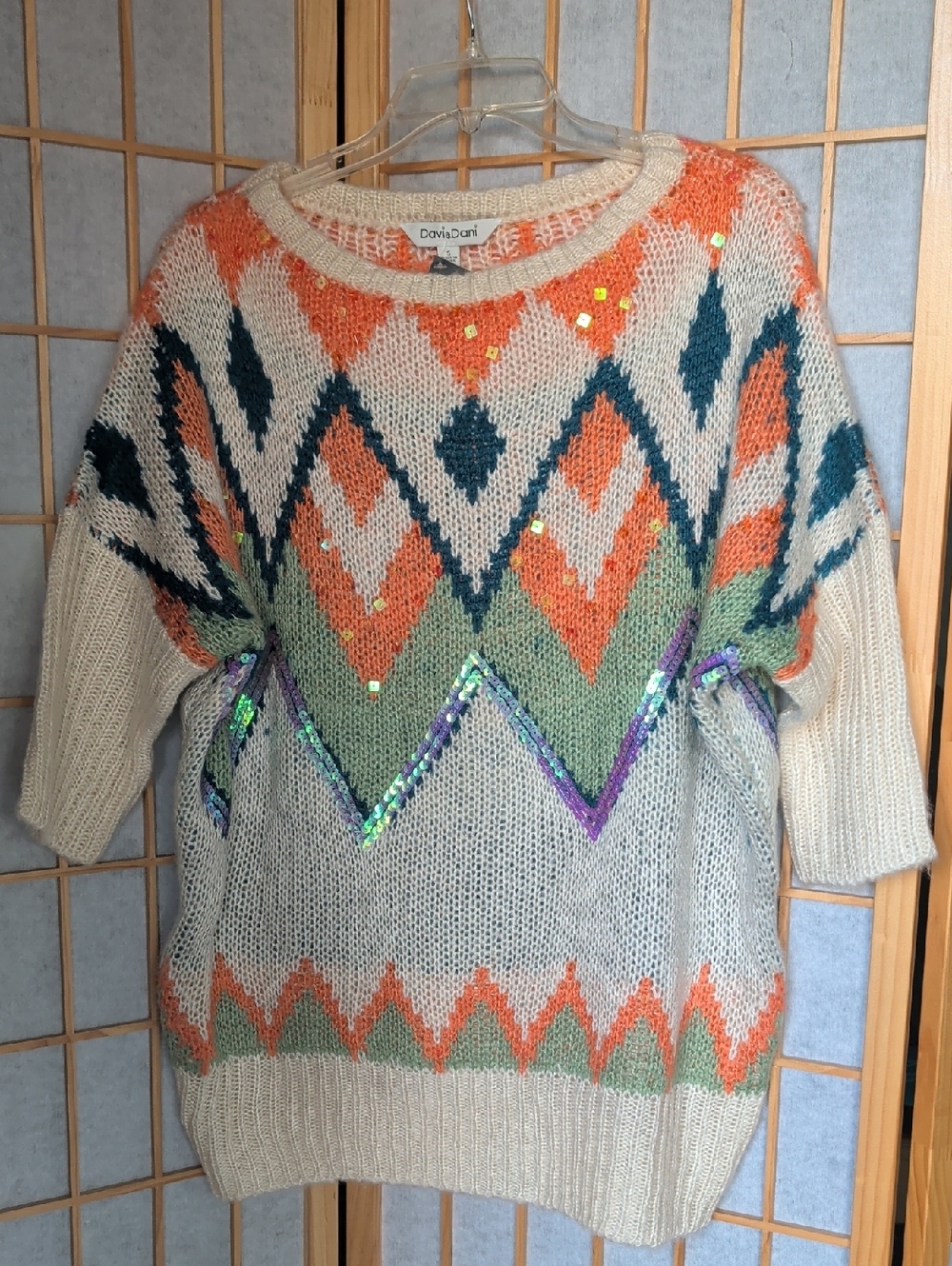 DAVI & DANI Cream Sweater with Orange, Green and Teal Geometric Motif